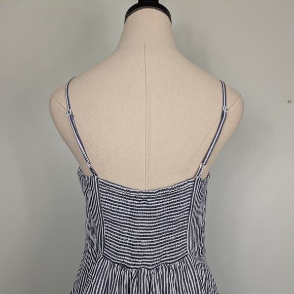 Old Navy Knee Midi Dress M Blue White Stripe Flare Beach Preppy Picnic Natutical - Picture 6 of 14